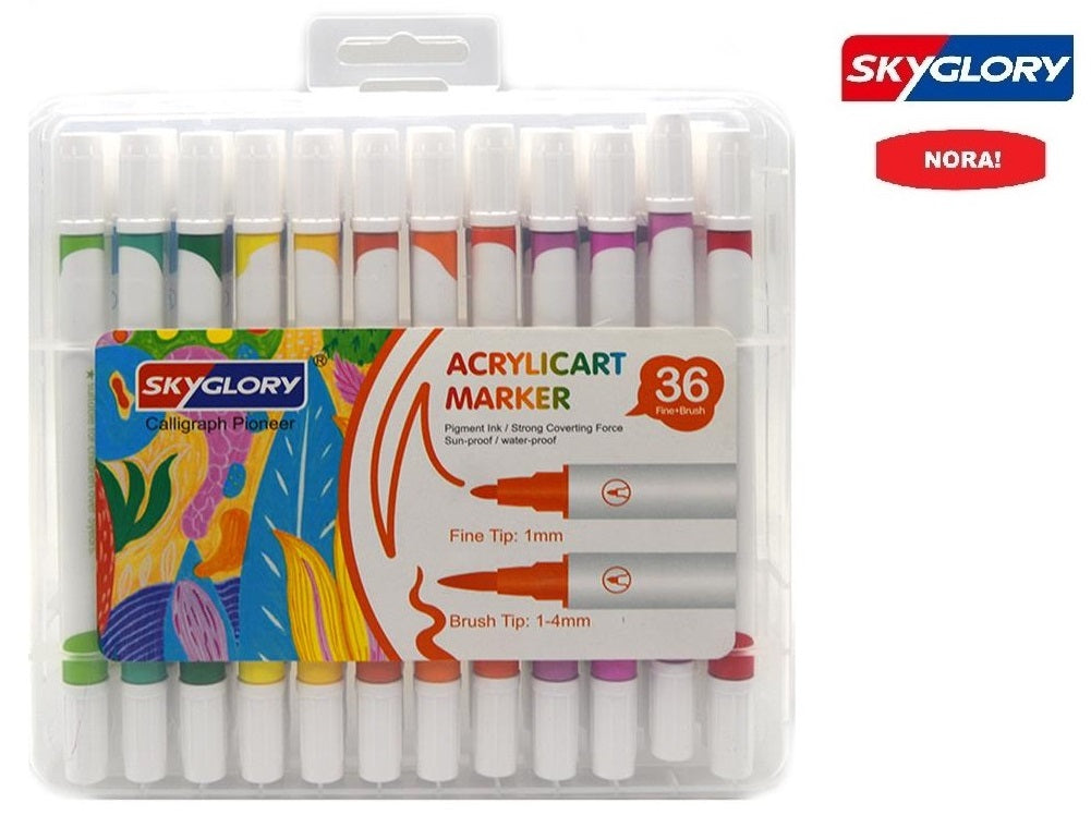 טוש אקרילי דו צדדי SKYGLORY (ראש מכחול+ראש עגול) 36 יחידות דגם SG989-36