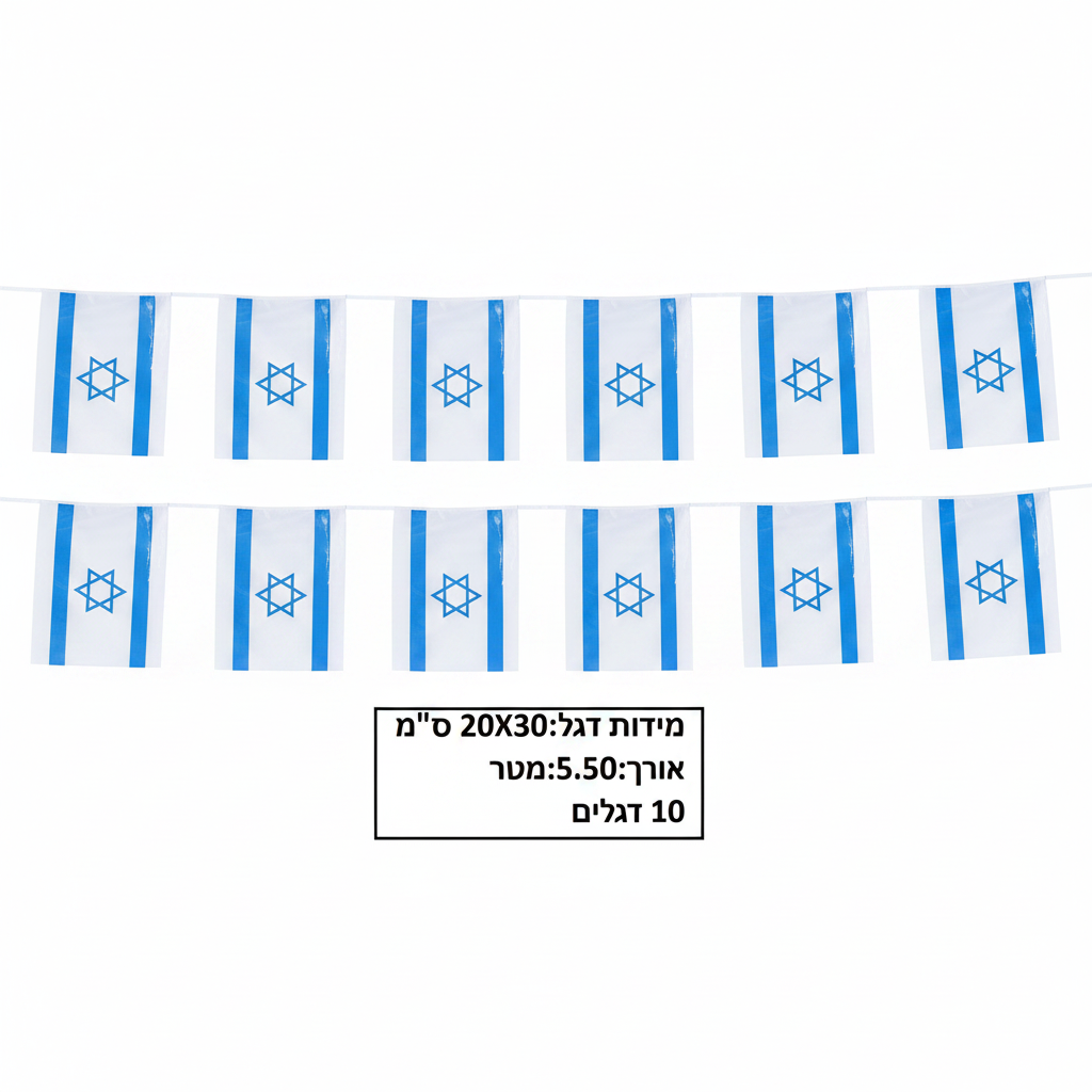 שרשרת דגל ישראל פלסטיק 10 יחידות גודל 20X30 ס"מ אורך 4.50 מטר דגם FL12709
