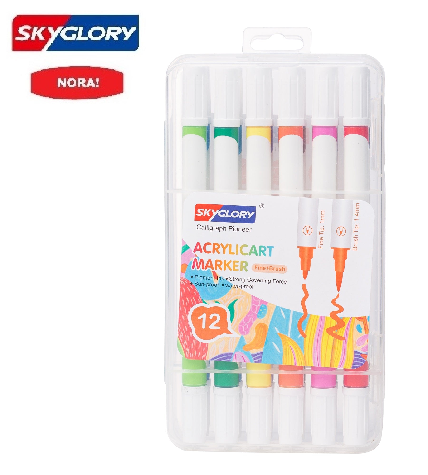 טוש אקרילי דו צדדי SKYGLORY (ראש מכחול+ראש עגול) 12 יחידות דגם SG989-12