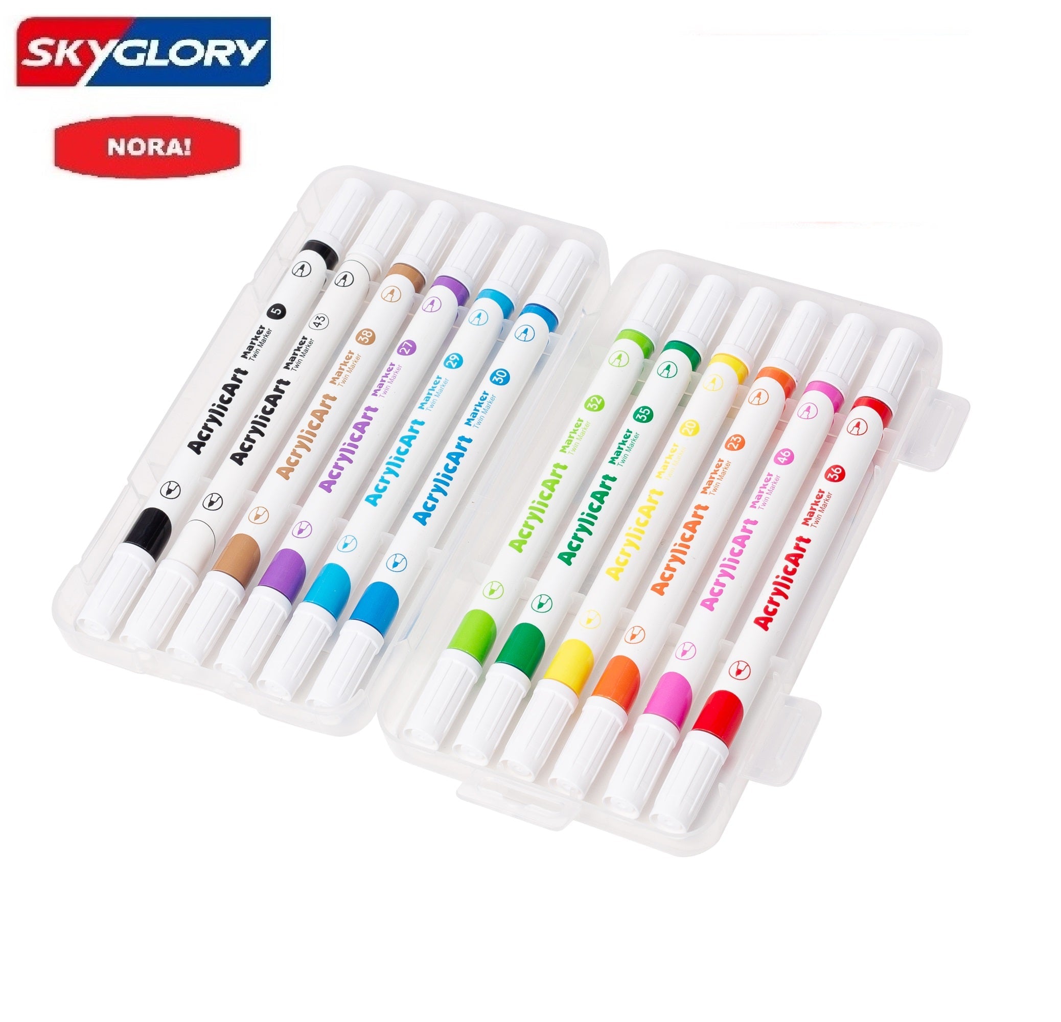 טוש אקרילי דו צדדי SKYGLORY (ראש מכחול+ראש עגול) 12 יחידות דגם SG989-12