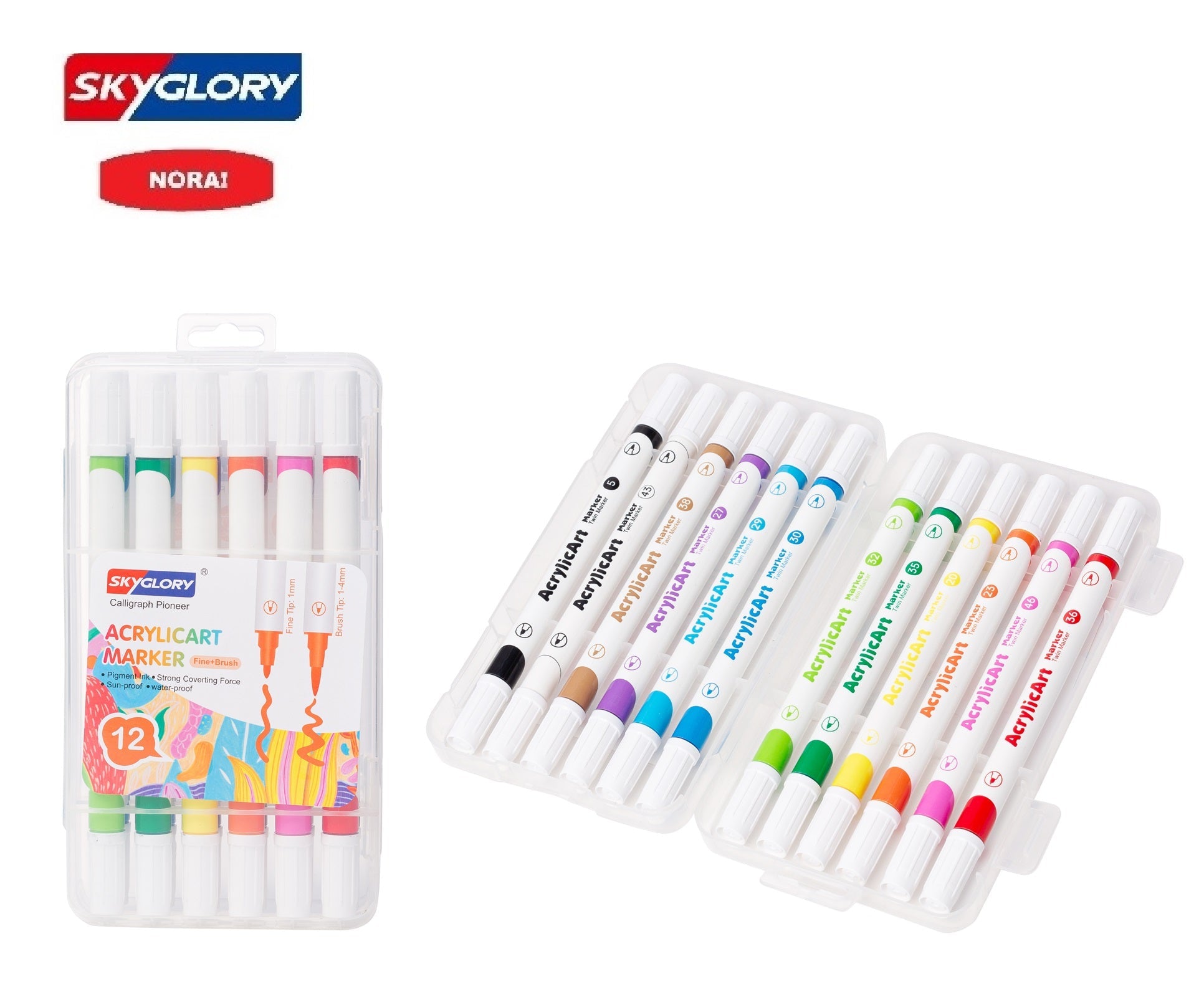 טוש אקרילי דו צדדי SKYGLORY (ראש מכחול+ראש עגול) 12 יחידות דגם SG989-12