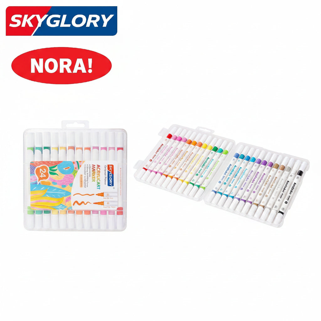 טוש אקרילי דו צדדי SKYGLORY (ראש מכחול+ראש עגול) 24 יחידות דגם SG989-24